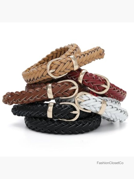 Thin Braided Belt for Women - Faux Leather Skinny Waist Belt for Jeans & Dresses